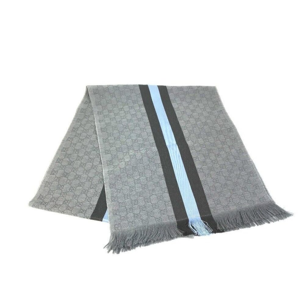GUCCI 542984 GG fringe Scarf wool / silk Gray x blue x black